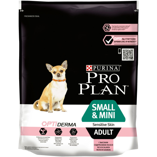 Сухой корм Purina Pro Plan для взрослых собак мелких и карликовых пород с чувствительной кожей, лосось с рисом, пакет, 700 г