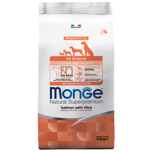 Monge Dog Monoprotein Puppy&Junior корм для щенков всех пород лосось с рисом 2,5 кг