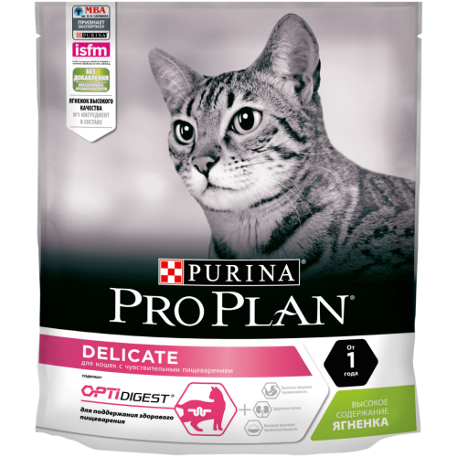 Сухой корм Purina Pro Plan для кошек с чувствительным пищеварением и привередливых к еде с ягненком, пакет