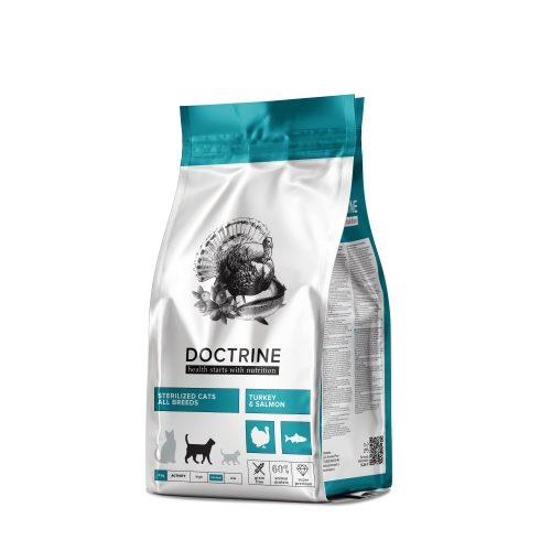 Арт. 57264 Doctrine Корм беззерновой для стерилизованных кошек и кастрированных котов с индейкой и лососем 3 кг