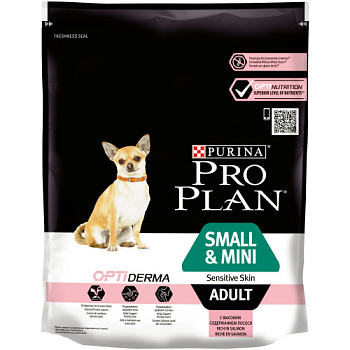 Сухой корм Purina Pro Plan для взрослых собак мелких и карликовых пород с чувствительной кожей, лосось с рисом, пакет, 700 г