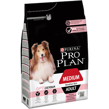 Сухой корм Purina Pro Plan для взрослых собак средних пород с чувствительной кожей с комплексом OPTIDERMA с лососем и рисом, пакет, 3 кг1